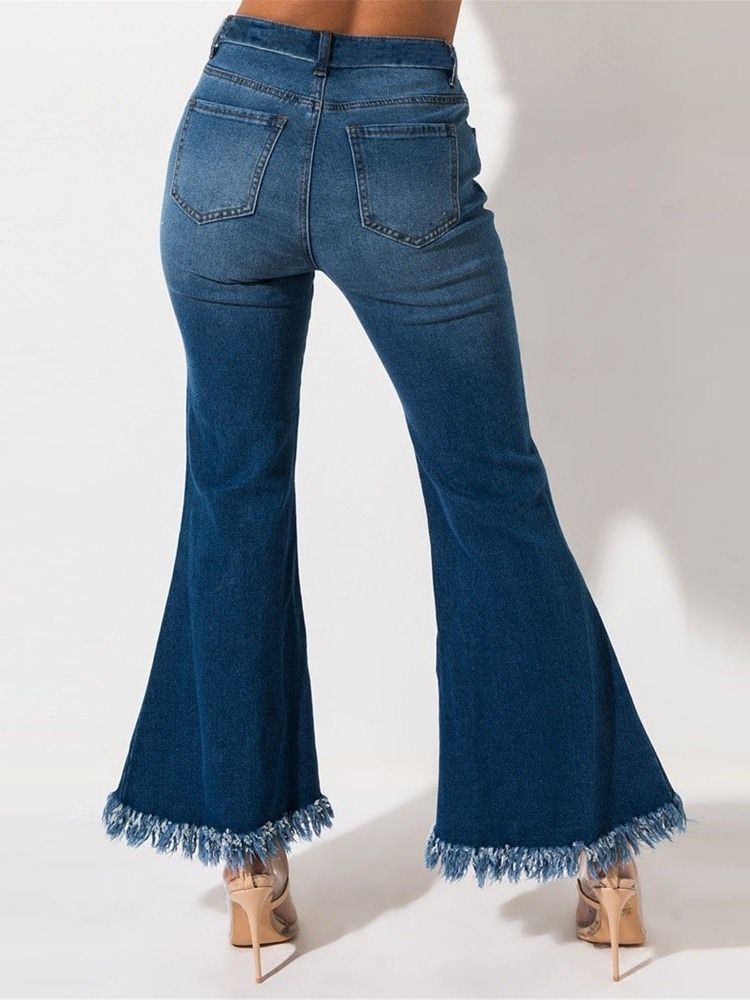 Plain Hole För Kvinnor Bellbottoms Slim Mid Waist Jeans