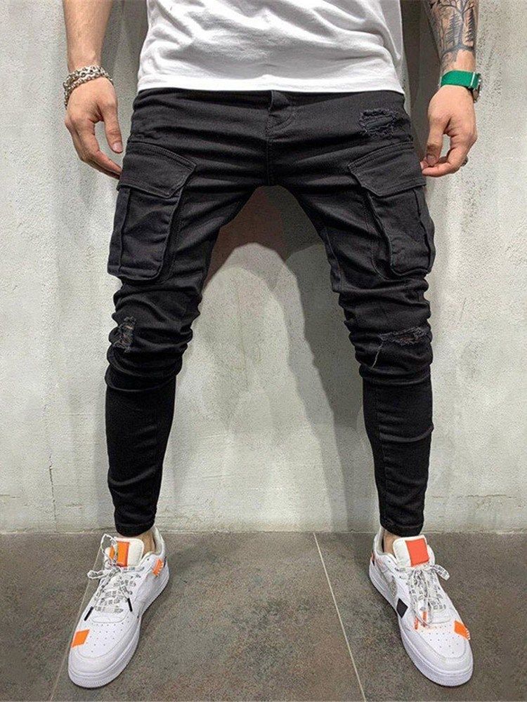 Plain Hole Pencil Pants European Men's Jeans