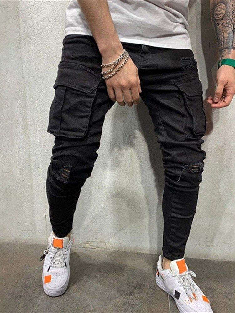 Plain Hole Pencil Pants European Men's Jeans