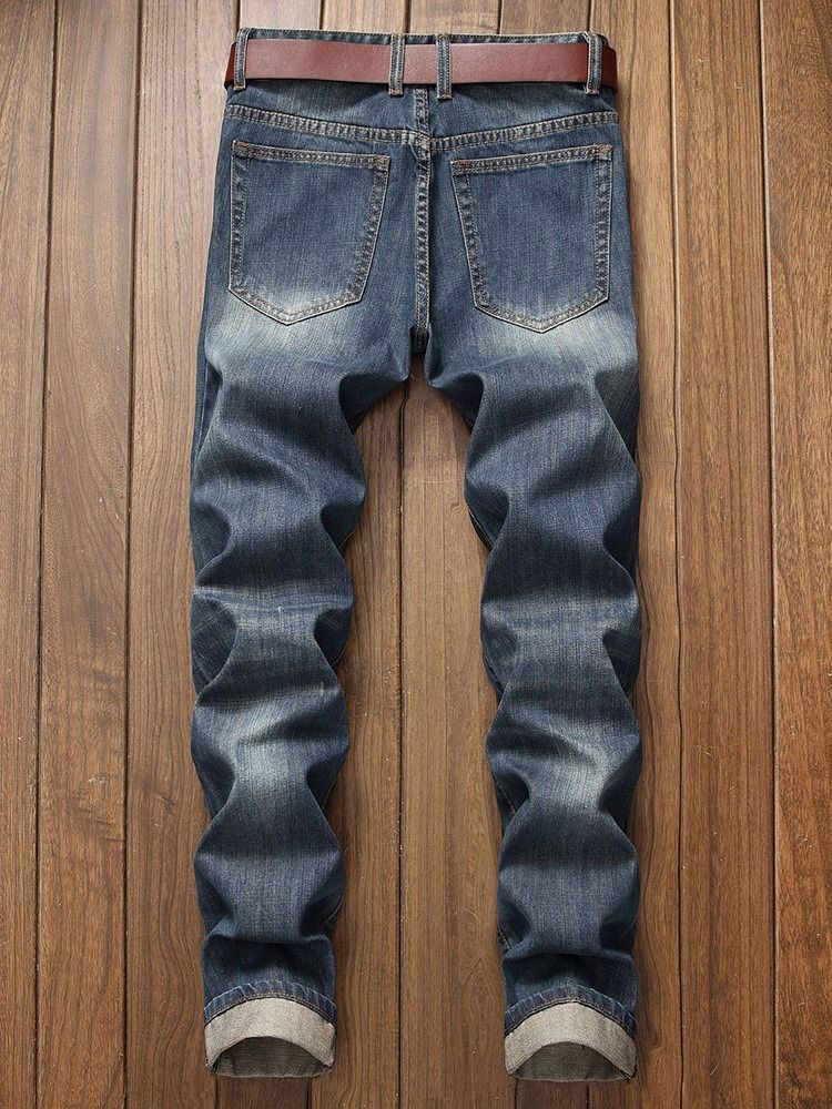 Plain Hole Zipper Mid Waist Men's Jeans