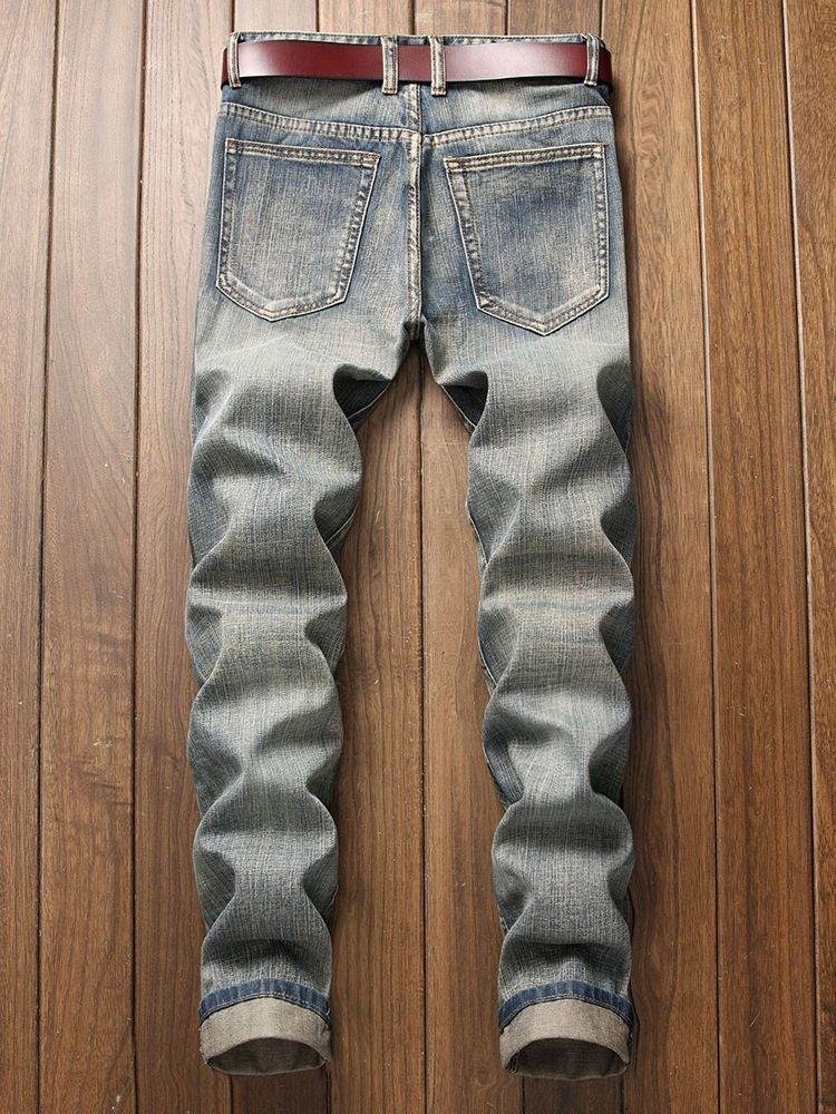 Plain Hole Zipper Mid Waist Men's Jeans