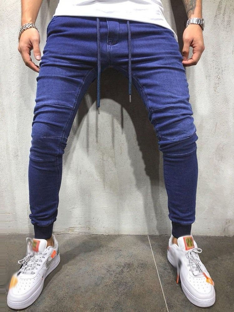 Plain Lace-up Casual Mens Pencil Jeans