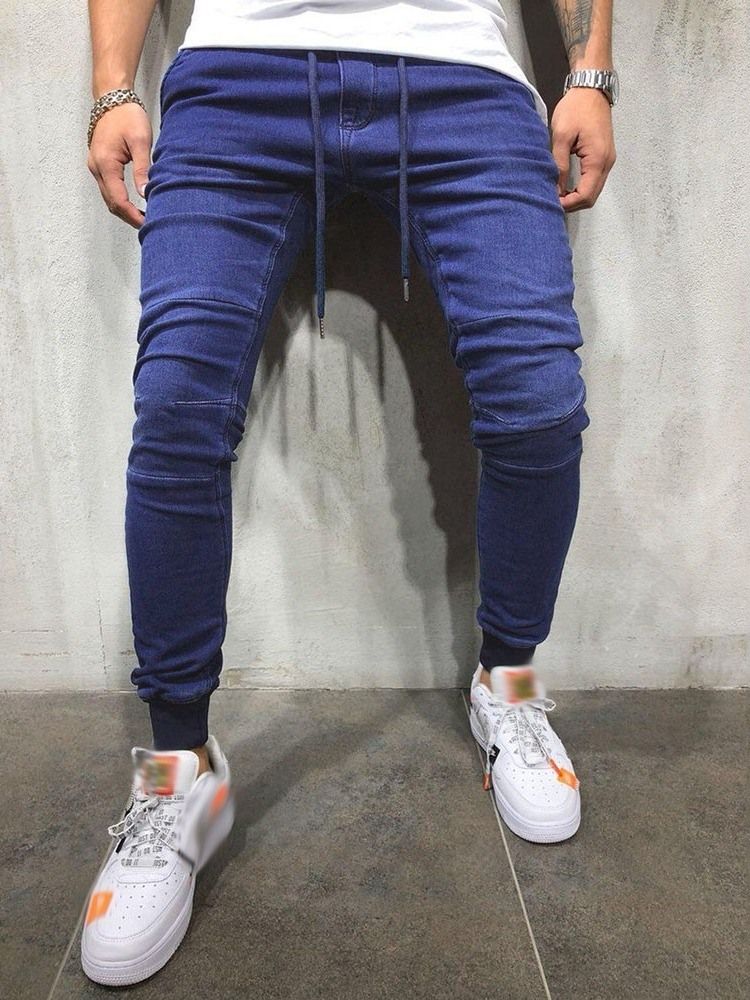 Plain Lace-up Casual Mens Pencil Jeans