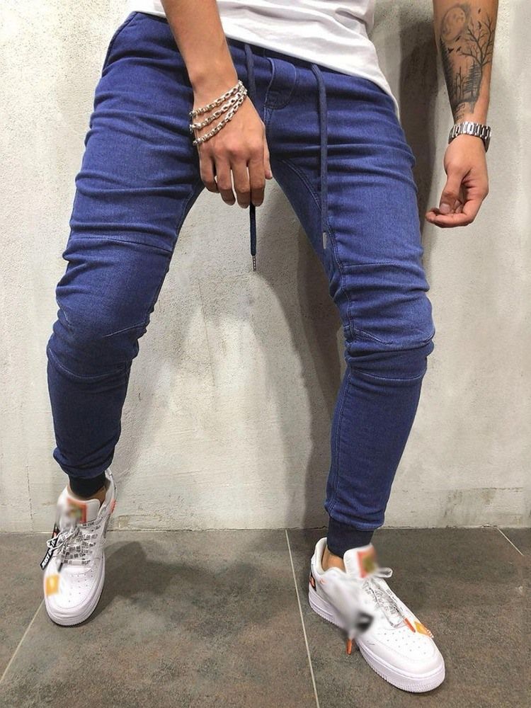 Plain Lace-up Casual Mens Pencil Jeans