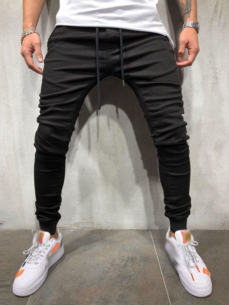 Plain Lace-up Casual Mens Pencil Jeans