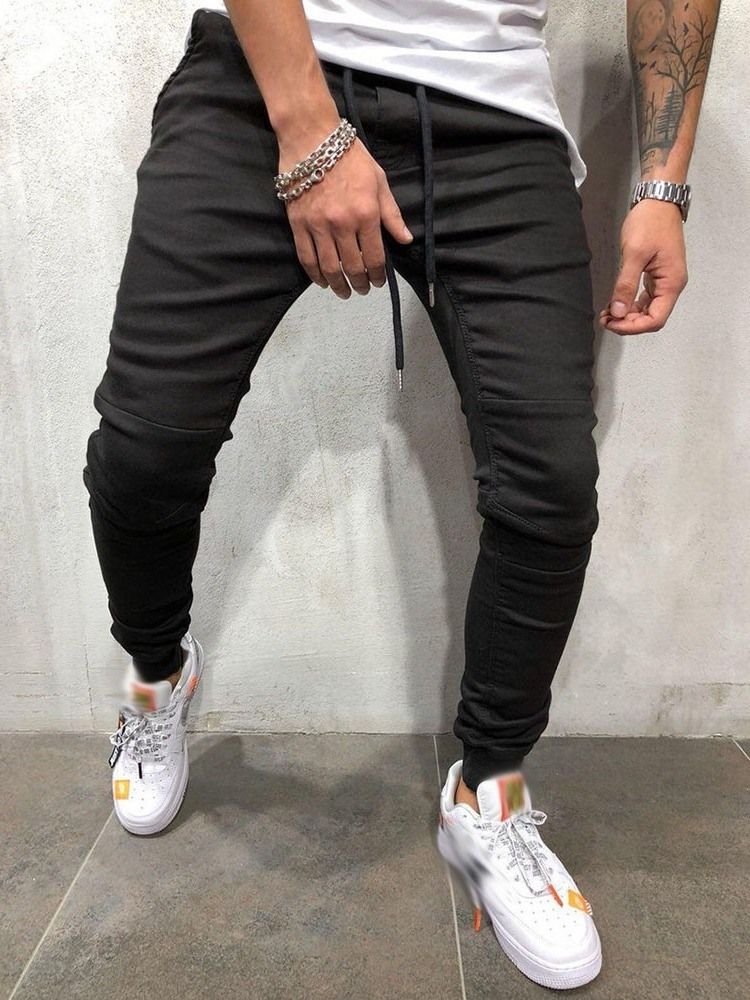 Plain Lace-up Casual Mens Pencil Jeans