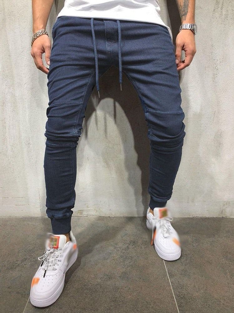 Plain Lace-up Casual Mens Pencil Jeans