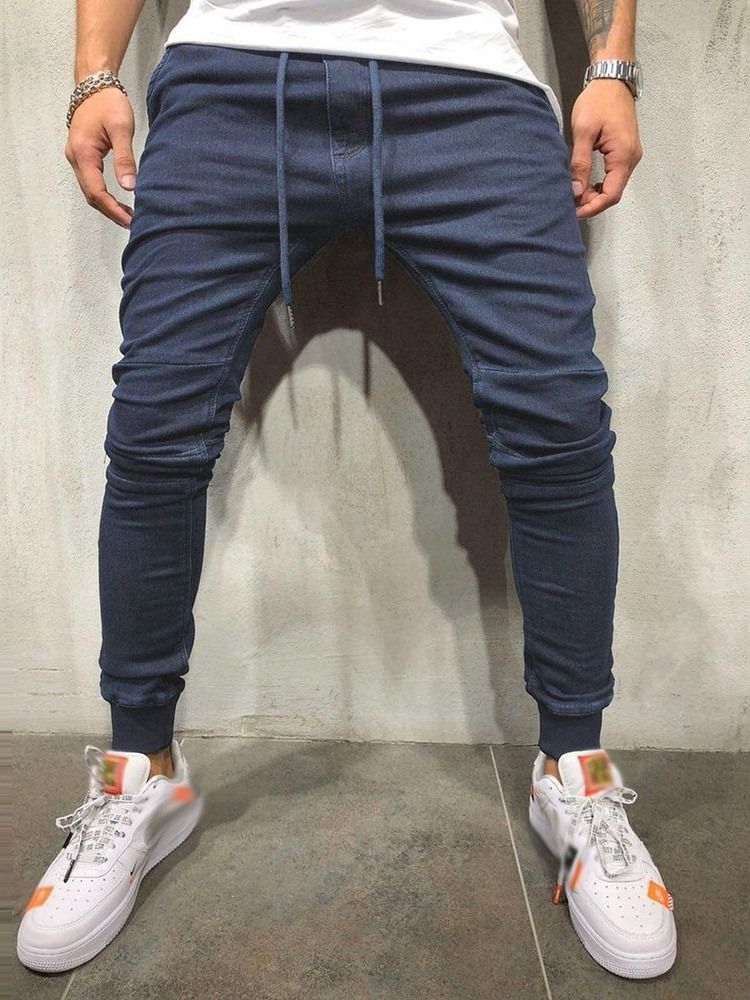 Plain Lace-up Casual Mens Pencil Jeans