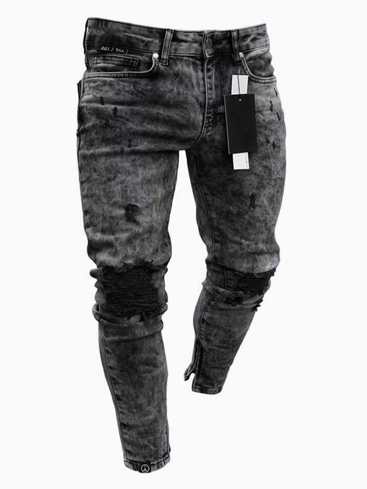 Plain Mid Waist Men's Zipper Jeans