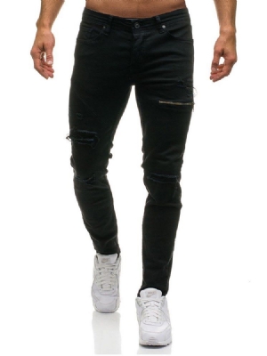 Plain Oelastiskt Slitna Casual Casual Ripped Jeans