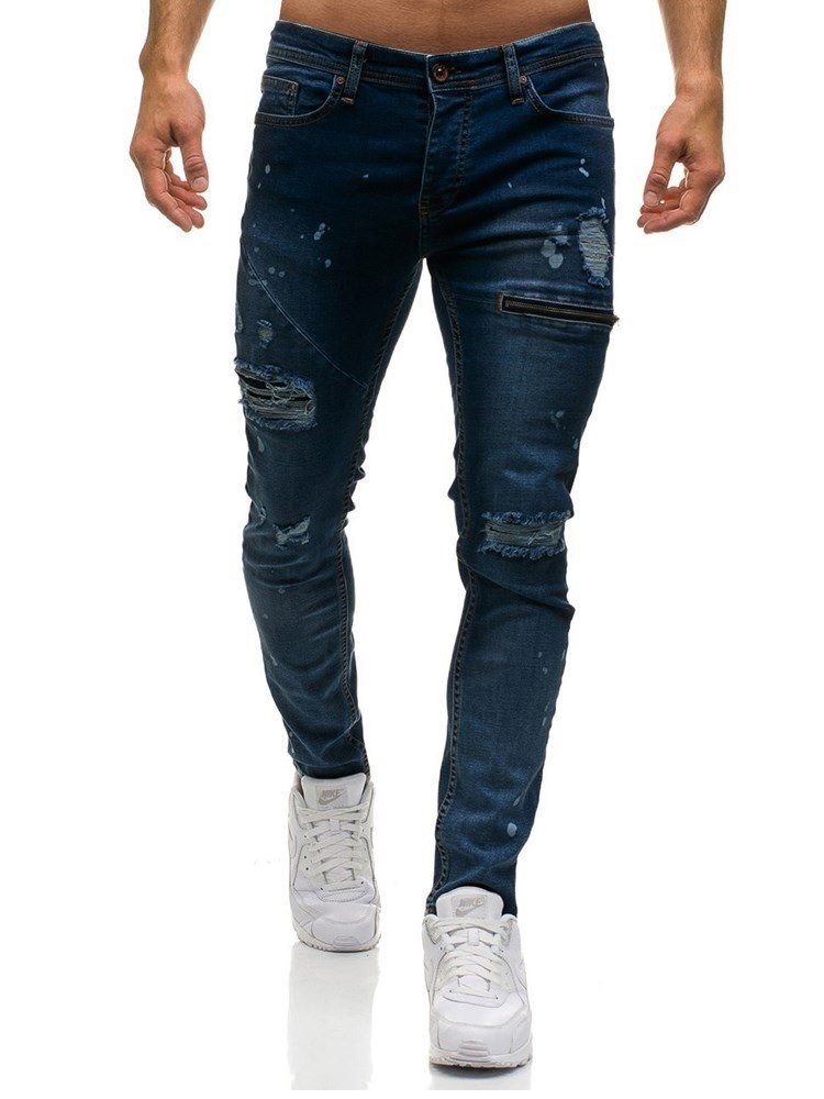 Plain Oelastiskt Slitna Casual Casual Ripped Jeans