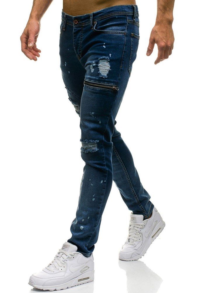 Plain Oelastiskt Slitna Casual Casual Ripped Jeans