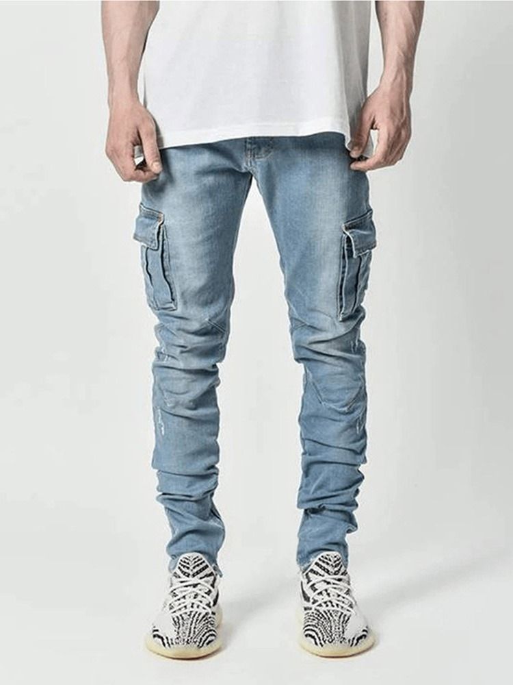 Plain Pencil Pants Pocket Casual Mid Waist Men's Jeans