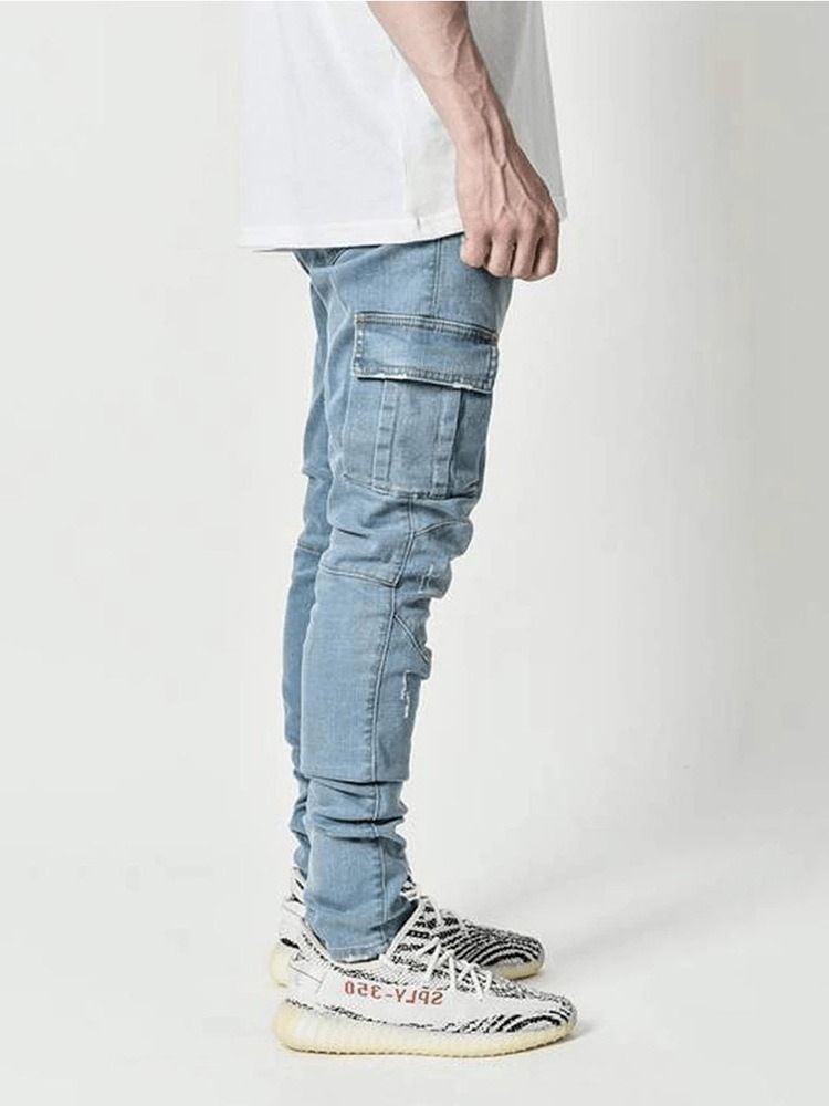 Plain Pencil Pants Pocket Casual Mid Waist Men's Jeans