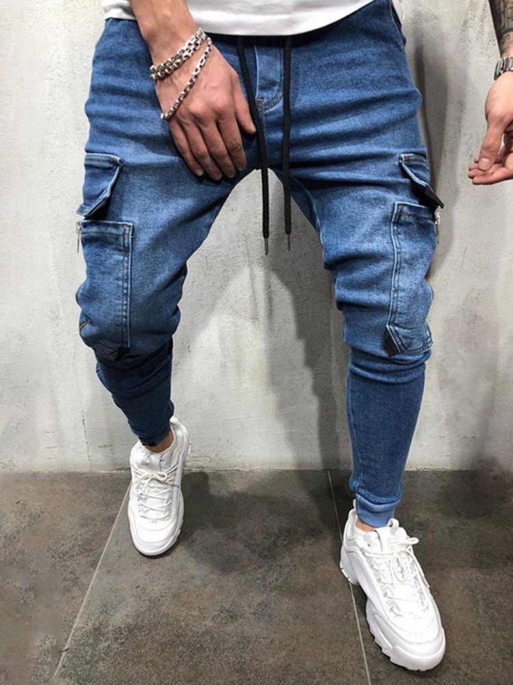 Plain Pocket Pencil Pants Lace-up Men's Jeans