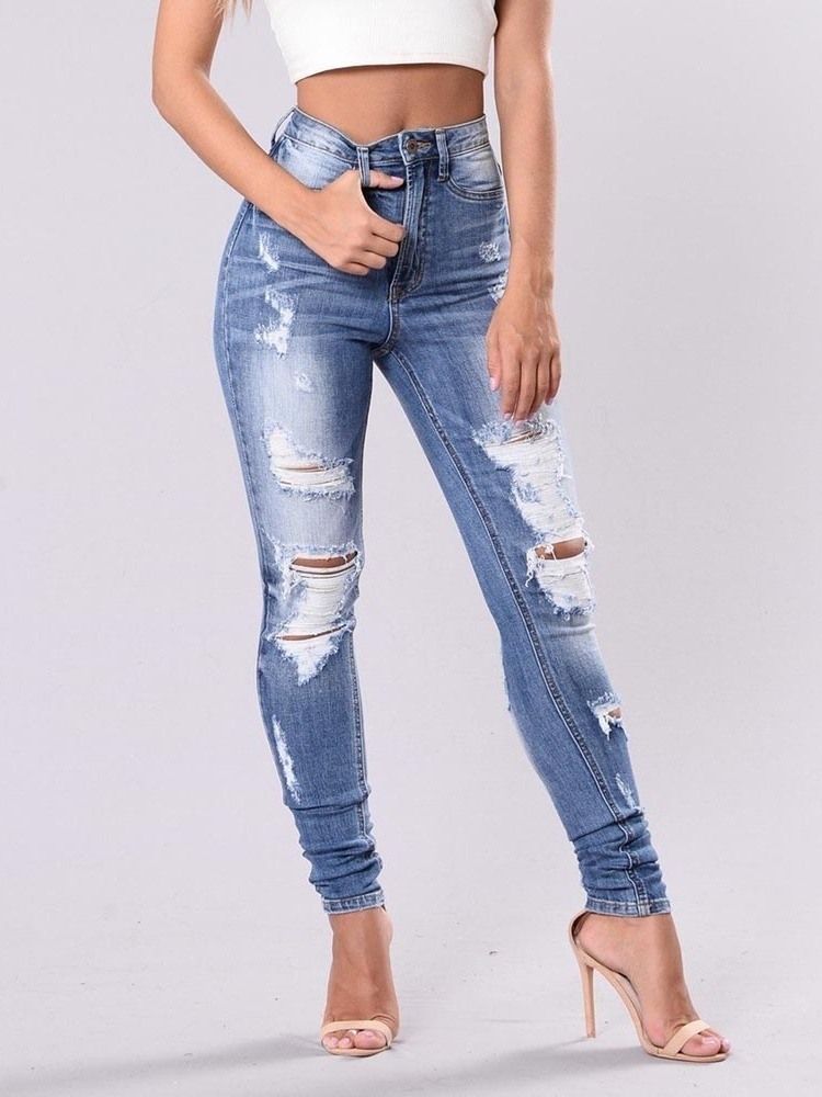 Plain Ripped Washable Slim Jeans För Kvinnor