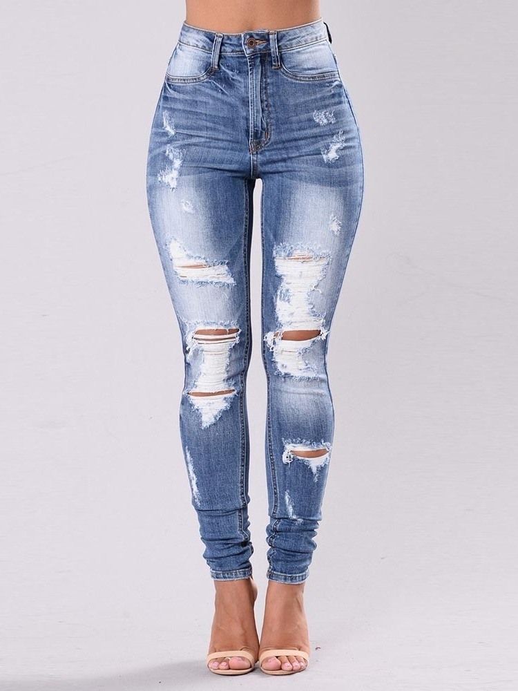 Plain Ripped Washable Slim Jeans För Kvinnor