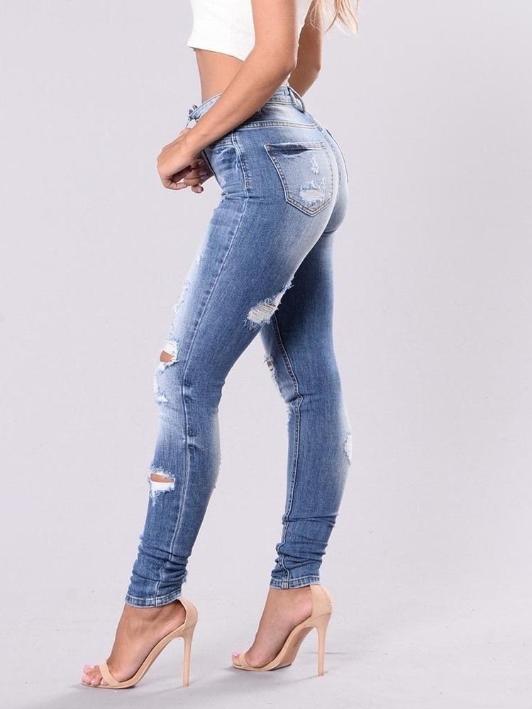 Plain Ripped Washable Slim Jeans För Kvinnor