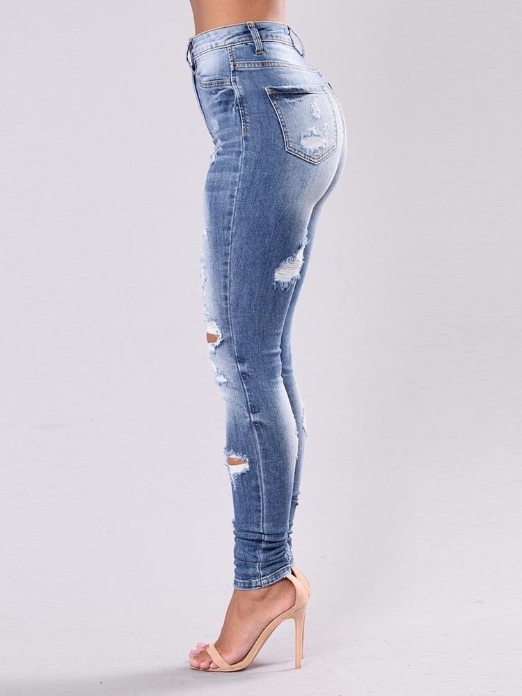 Plain Ripped Washable Slim Jeans För Kvinnor