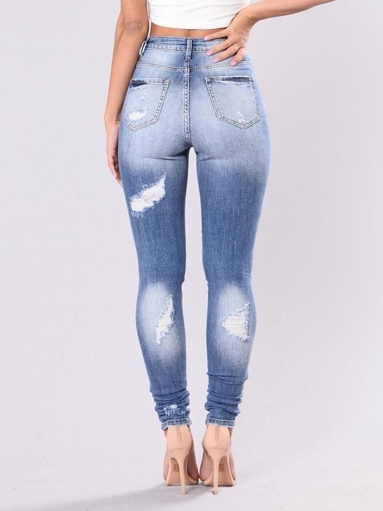 Plain Ripped Washable Slim Jeans För Kvinnor