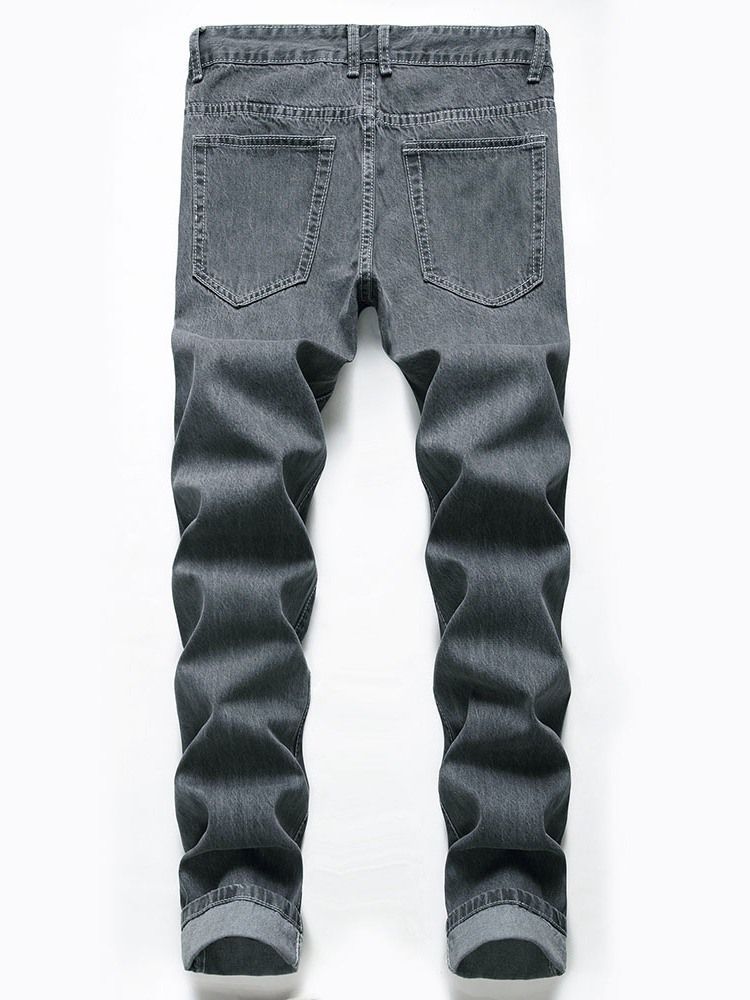 Plain Straight Hole Casual Mid Waist Men's Jeans