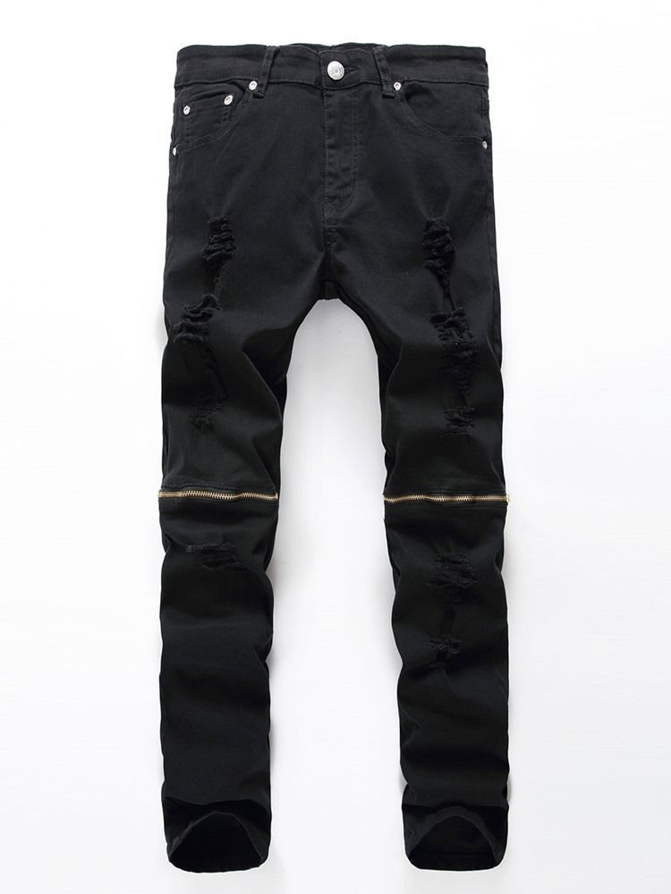 Plain Straight Zipper Mens Mid Waist Jeans