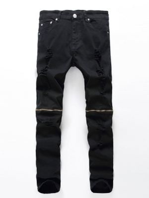 Plain Straight Zipper Mens Mid Waist Jeans