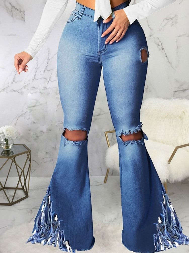 Plain Tassel Bellbottoms Slim Slim Zipper Jeans För Kvinnor