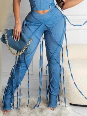 Plain Tassel Pencil Pants Women's Slim Jeans