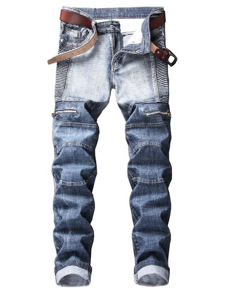 Plisserad Dragkedja Slitna Raka Casual Jeans För Män