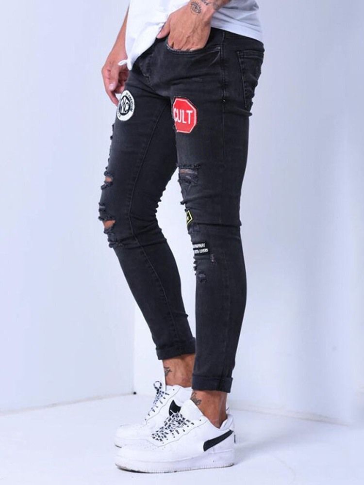 Pocket Color Block Pencil Pants Casual Zipper Men's Jeans