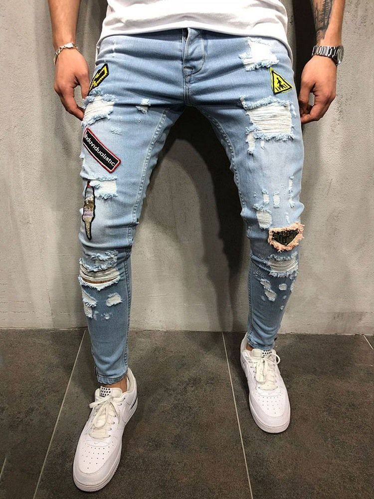 Pocket Thin Letter Mid Waist Mens Zipper Jeans