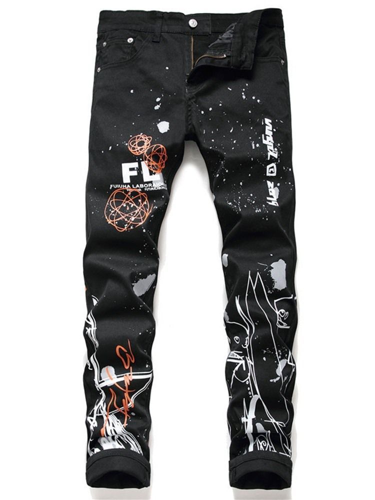 Print Letter Zipper European Men's Jeans