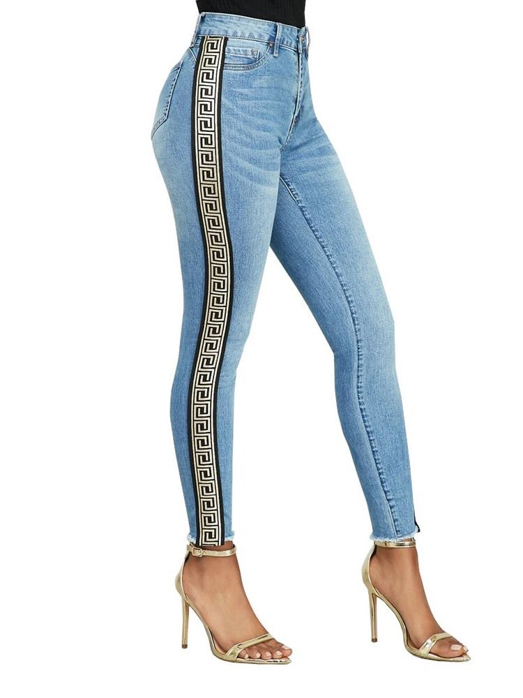 Print Pencil Pants Geometric Skinny Women's High Waist Jeans