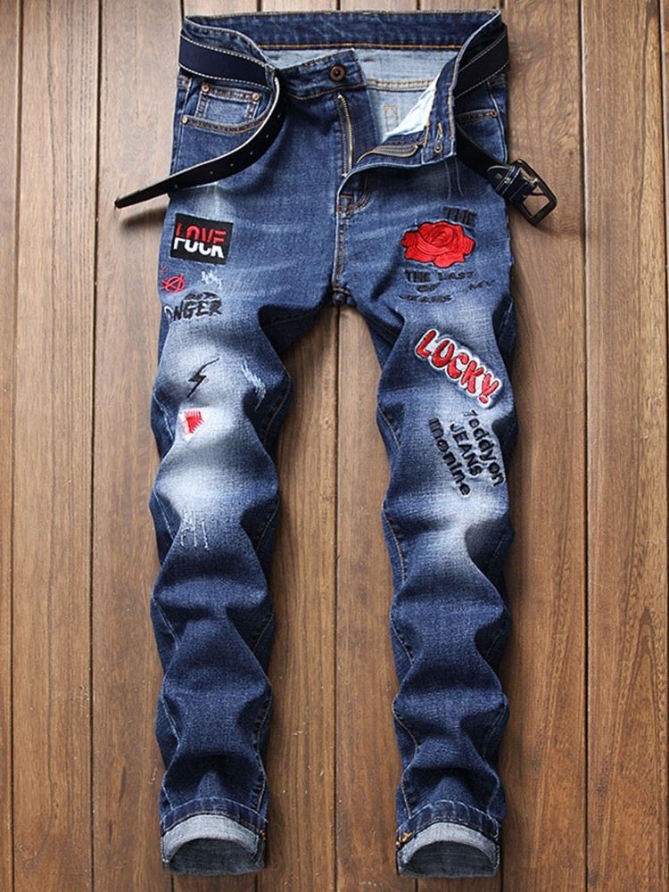 Print Straight Floral Zipper Men's Casual Jeans