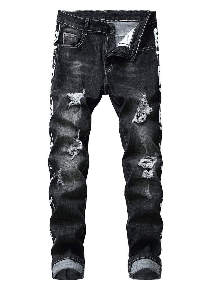 Print Straight Letter Zipper Mens Casual Jeans