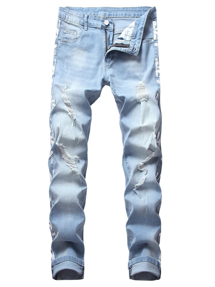 Print Straight Letter Zipper Mens Casual Jeans