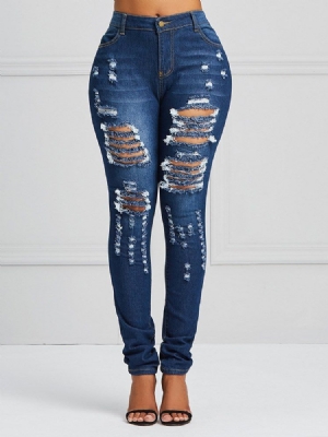 Rippade Mager Stretchiga Jeans För Kvinnor