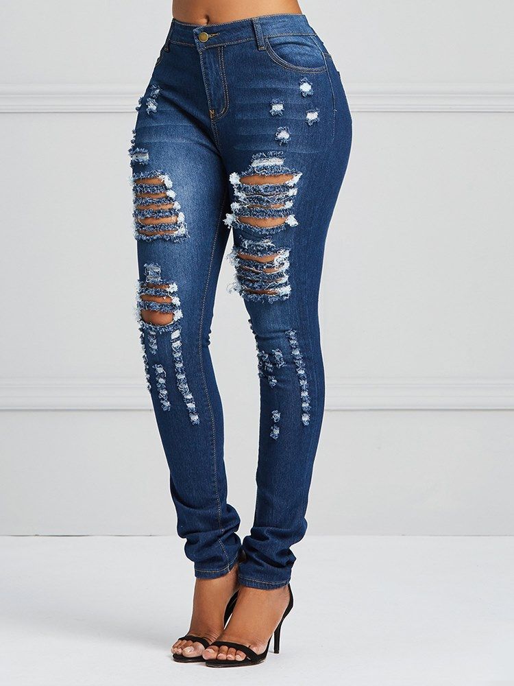 Rippade Mager Stretchiga Jeans För Kvinnor