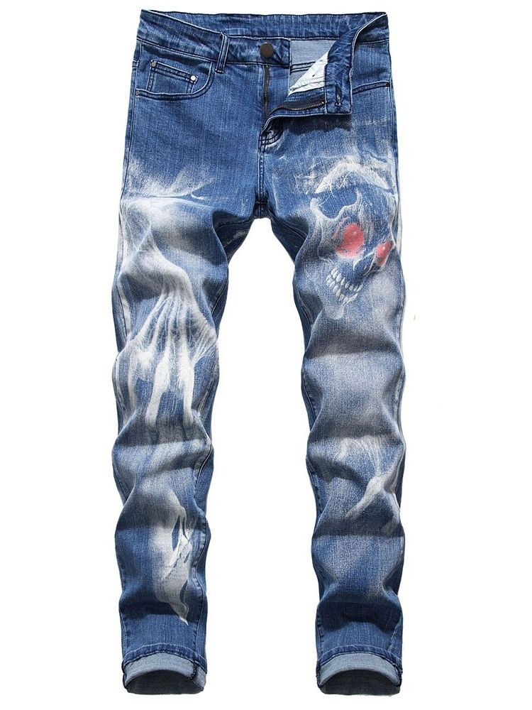 Skull Pencil Printed Mid Waist Men's Jeans