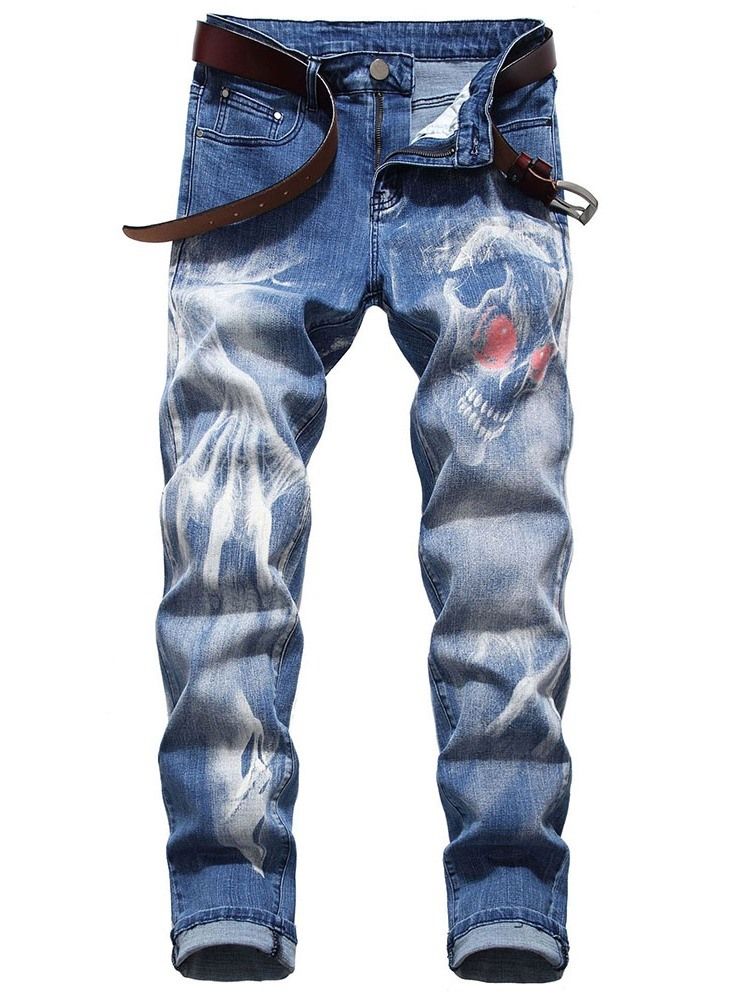 Skull Pencil Printed Mid Waist Men's Jeans