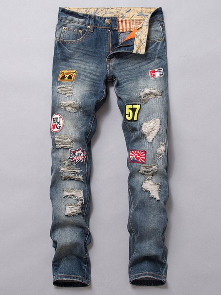 Straight Color Block Broderi Mid Waist European Men's Jeans