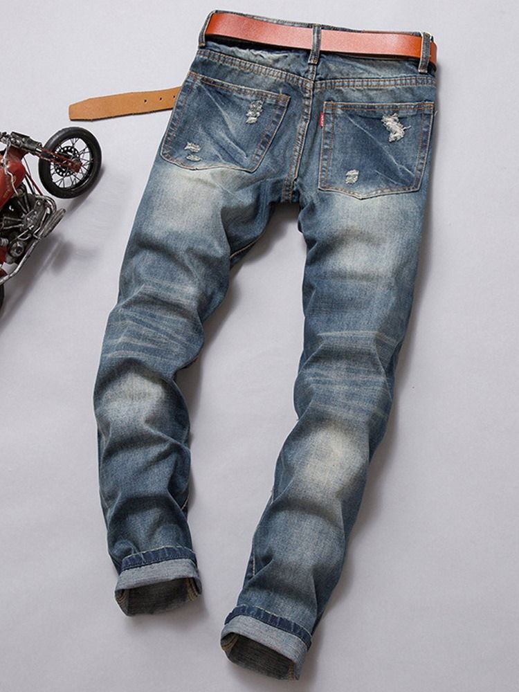 Straight Color Block Broderi Mid Waist European Men's Jeans