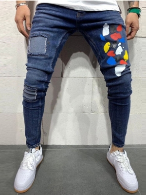 Straight Color Block Worn Mid Waist Korean Men's Jeans