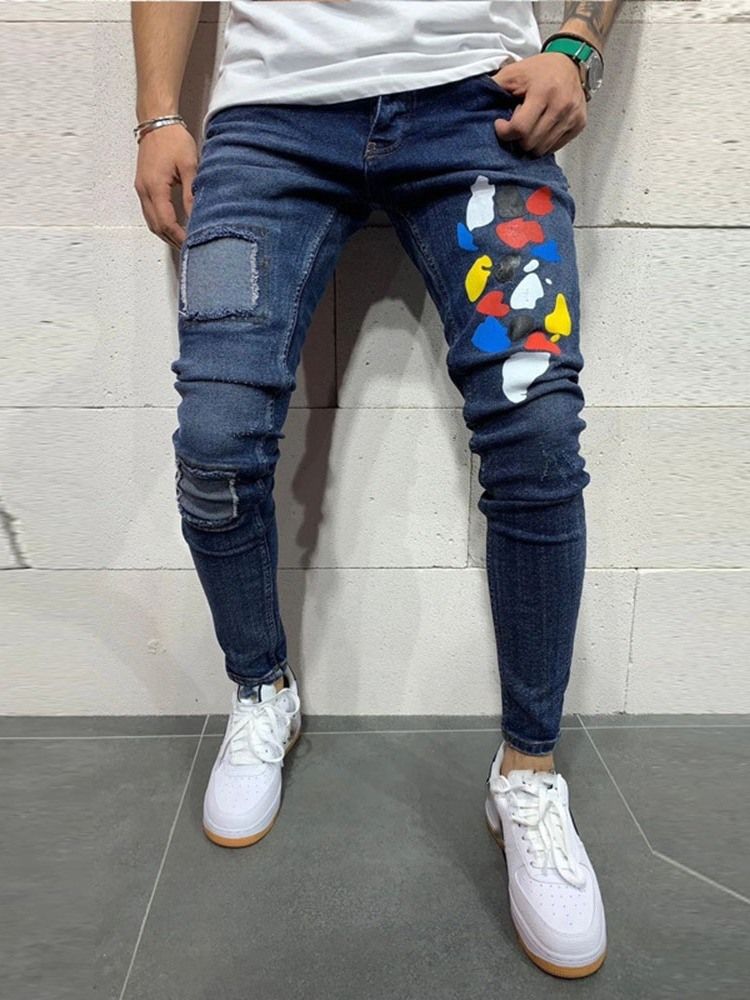 Straight Color Block Worn Mid Waist Korean Men's Jeans