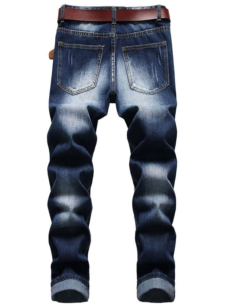 Straight Hole Letter Mid Waist Zipper Men's Jeans