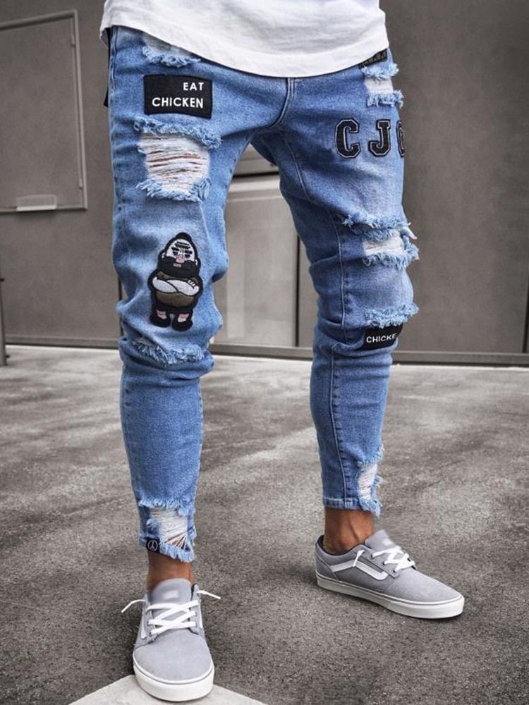 Thin Hole Mid Waist Mens Jeans