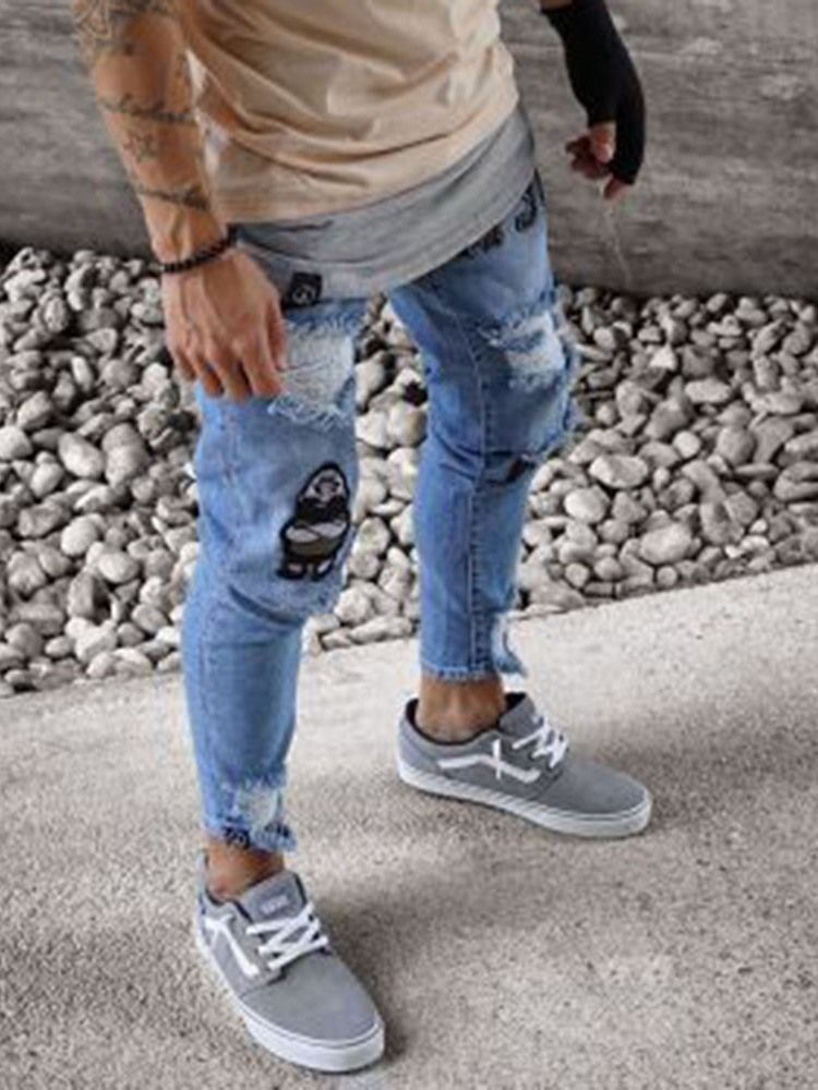 Thin Hole Mid Waist Mens Jeans