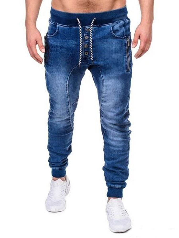 Vanliga Dragkedjebyxor Med Dragkedja Casual Jeans Med Snörning För Män