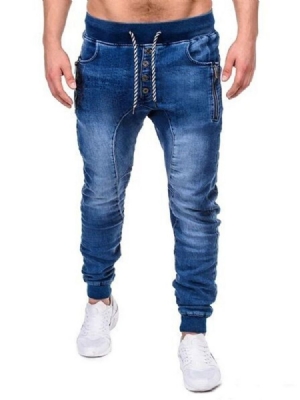 Vanliga Dragkedjebyxor Med Dragkedja Casual Jeans Med Snörning För Män